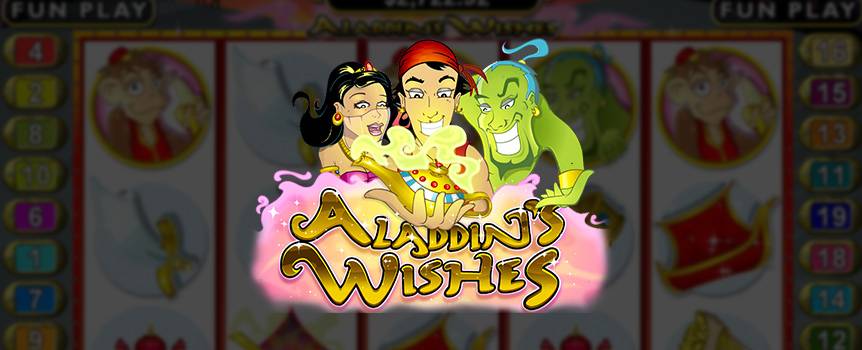 Have a go at Aladdin’s Wishes online Slot and you too could encounter the same great luck as this well-known character. You may not be able to wish for a palace or become a worshipped Sultan, but should you land on three or more magic lamps, go ahead and give them a rub. The genie will grant you 25 Free Games along with the possibility of doubling your winnings.